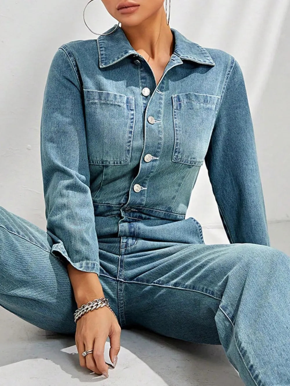 Half Button Long Sleeve Straight Leg Denim Jumpsuit - Merit Sell