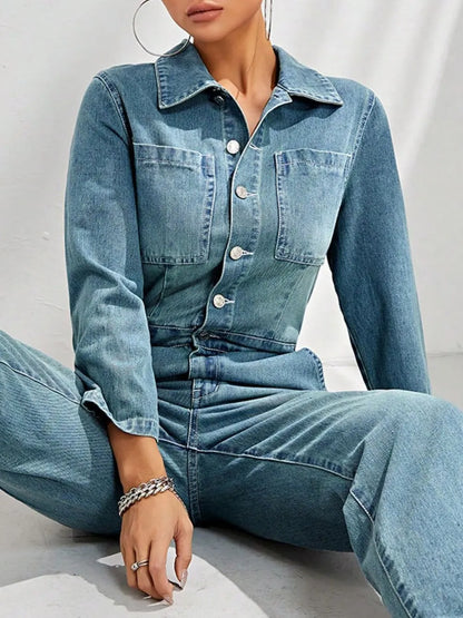 Half Button Long Sleeve Straight Leg Denim Jumpsuit - Merit Sell