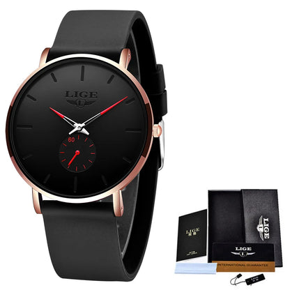 LIGE Fashion Simple Men Watch Silicone Strap 30M Waterproof Quartz Wrist Watch for Men Ultrathin Black Dial Watches reloj hombre