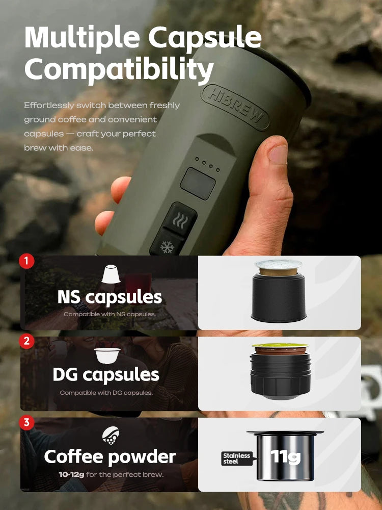 HiBREW Portable Espresso Coffee Machine for Car & Home Camping Coffee Maker Fit Nespresso Dolce Capsule Powder H4C - Merit Sell