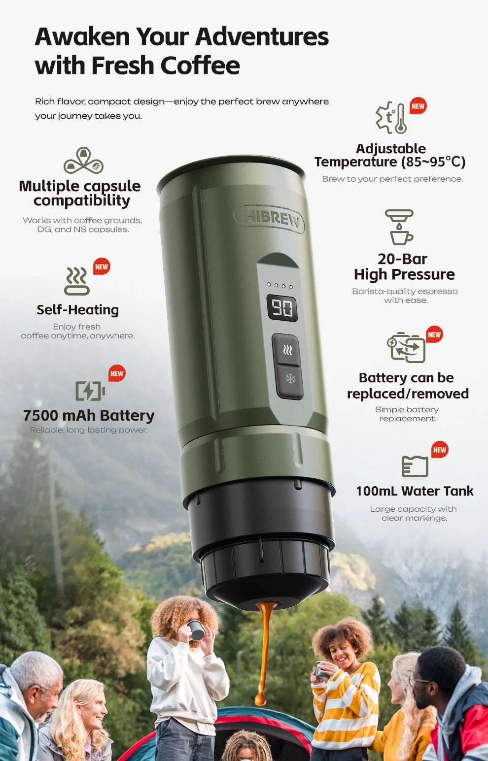 HiBREW Portable Espresso Coffee Machine for Car & Home Camping Coffee Maker Fit Nespresso Dolce Capsule Powder H4C - Merit Sell