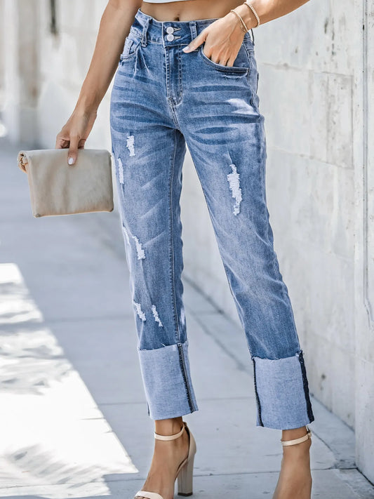 High Waist Distressed Straight Leg Jeans - Merit Sell