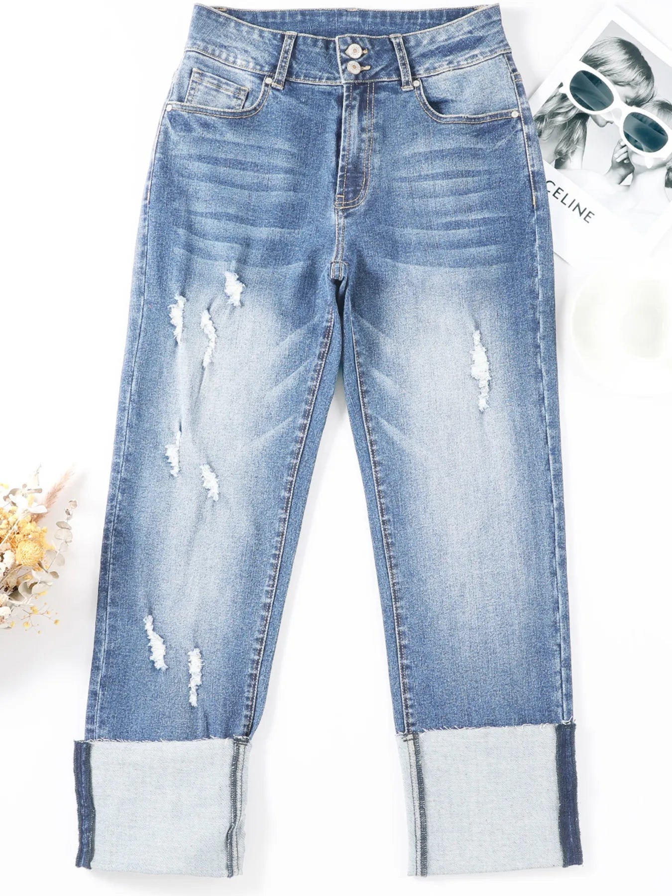 High Waist Distressed Straight Leg Jeans - Merit Sell