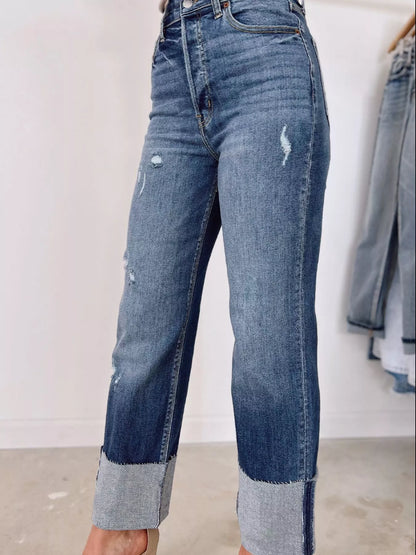High Waist Distressed Straight Leg Jeans - Merit Sell