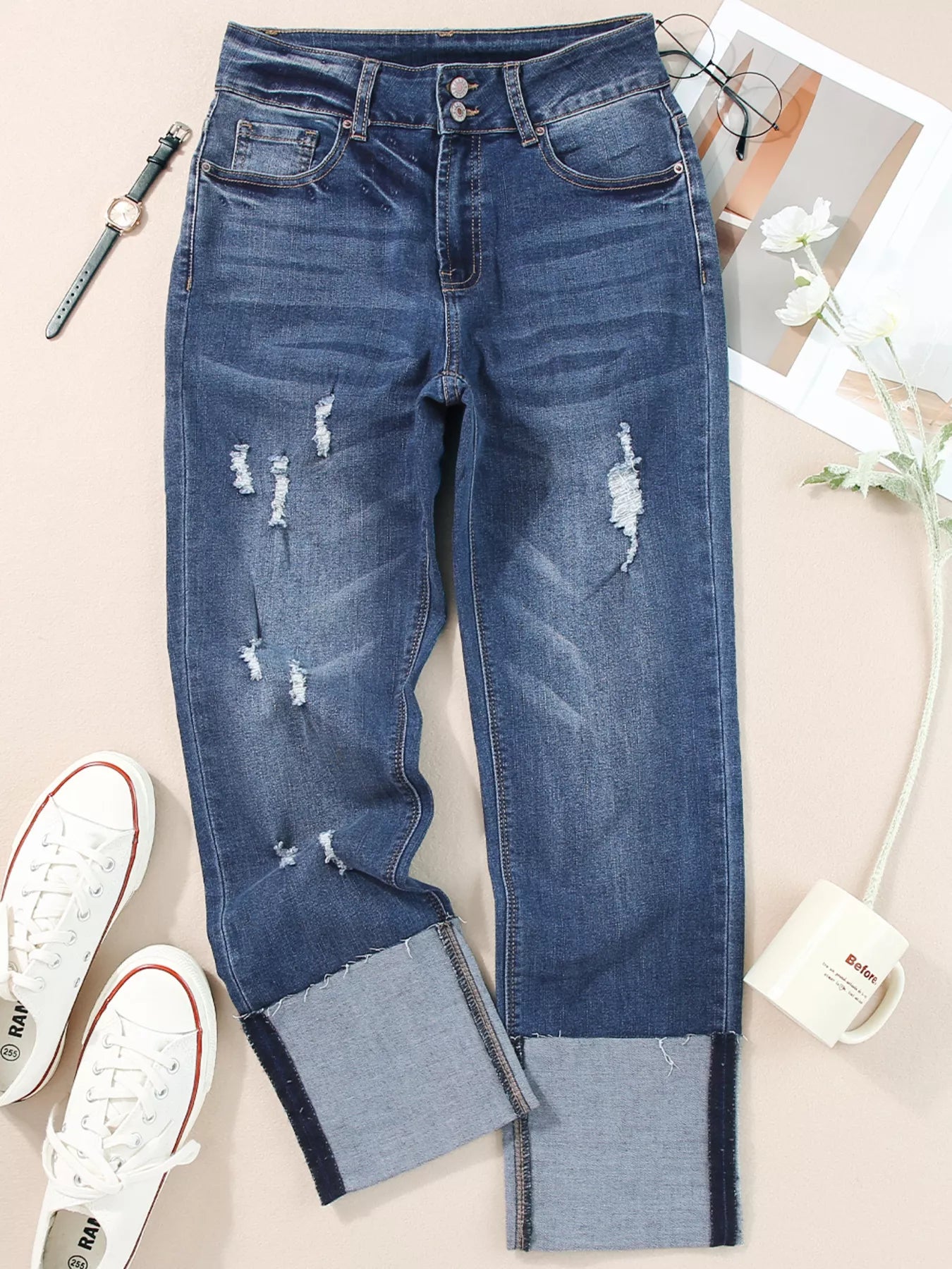 High Waist Distressed Straight Leg Jeans - Merit Sell