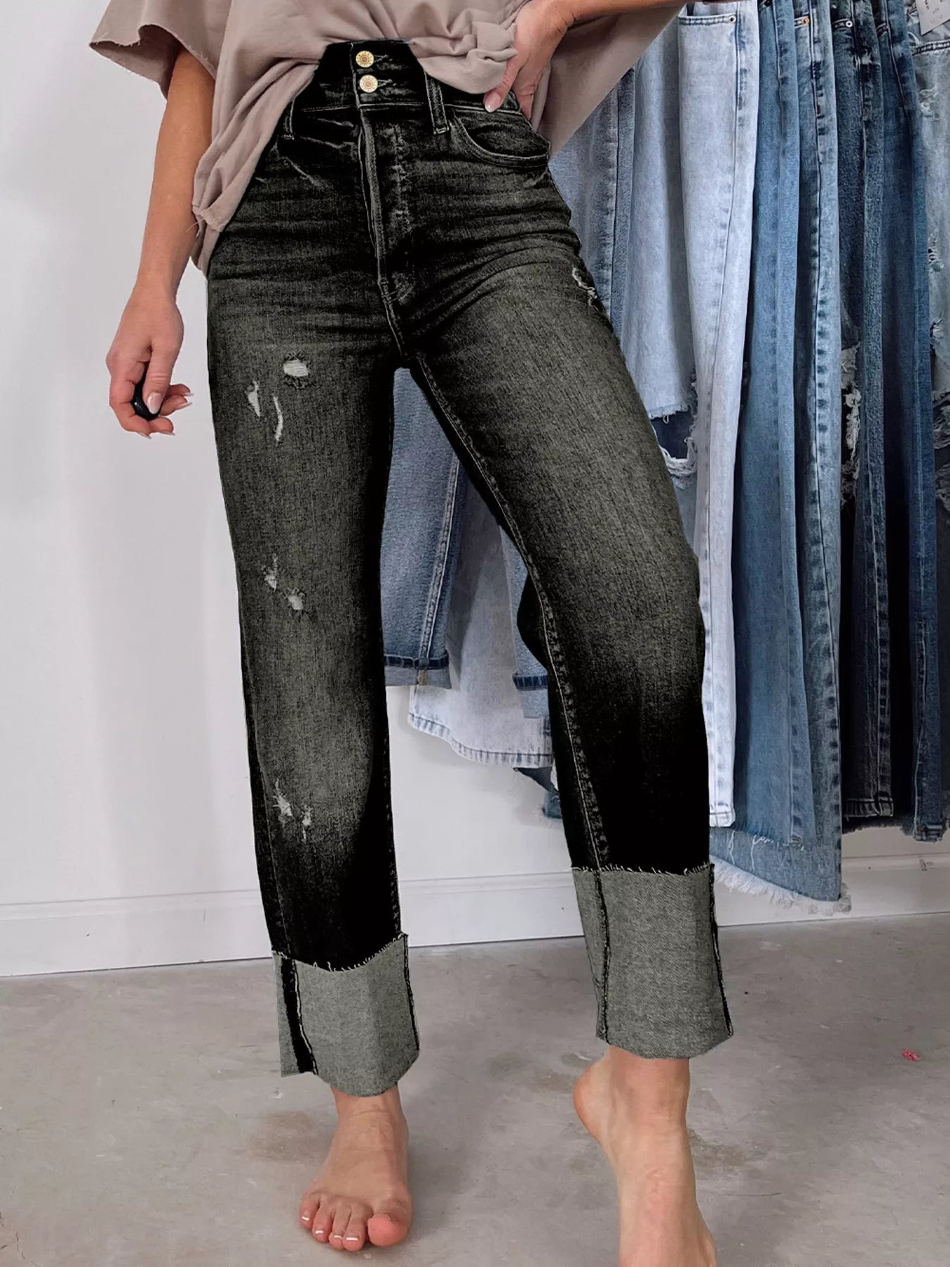 High Waist Distressed Straight Leg Jeans - Merit Sell