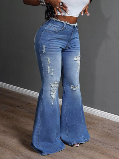High Waisted Distressed Flare Jeans - Merit Sell