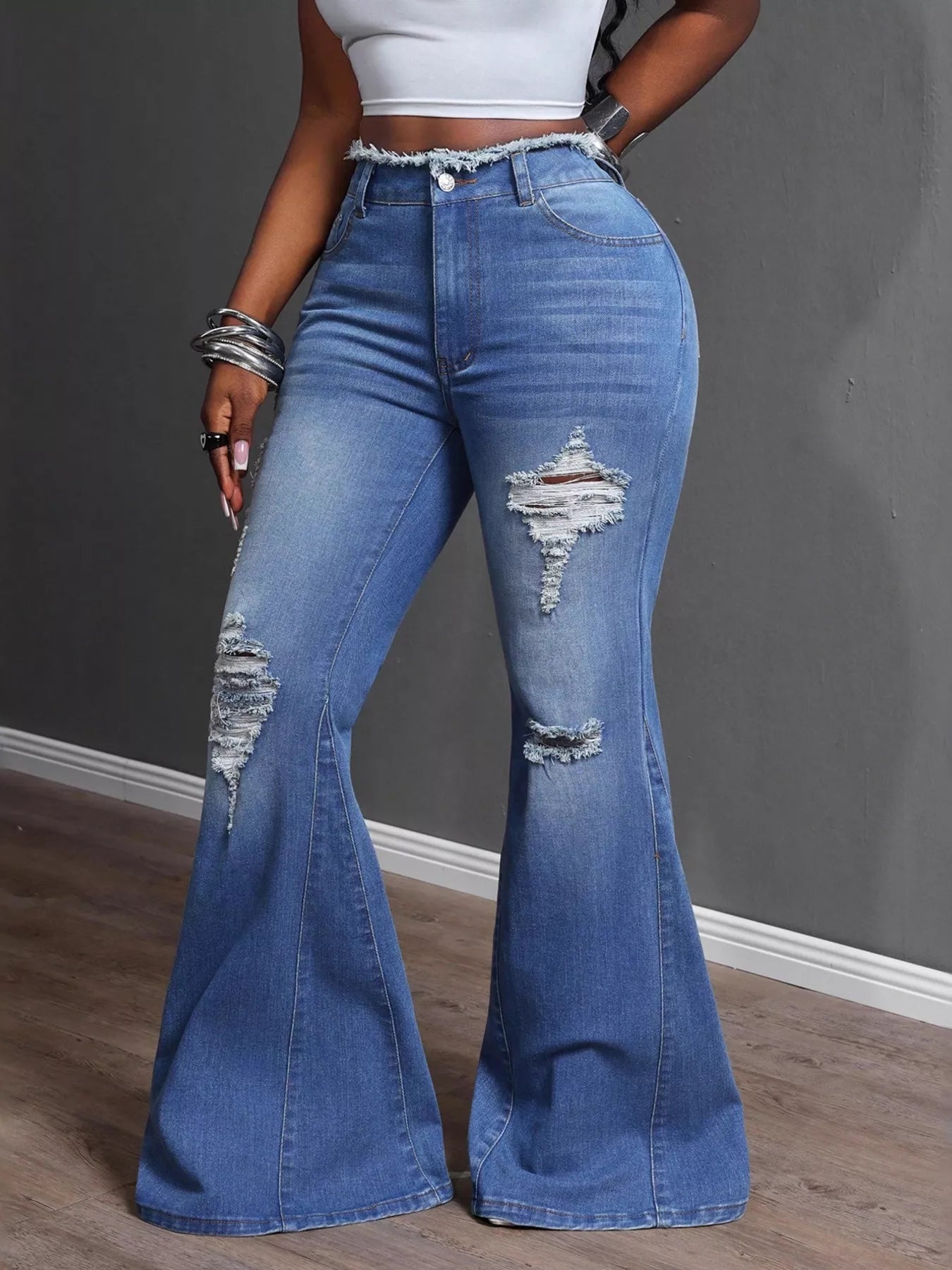 High Waisted Distressed Flare Jeans - Merit Sell