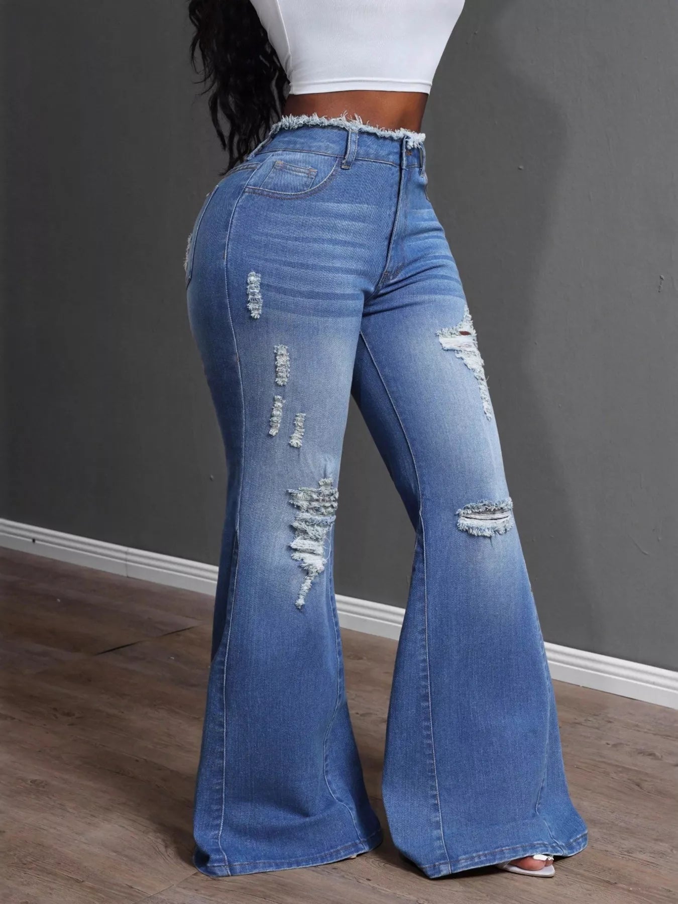 High Waisted Distressed Flare Jeans - Merit Sell