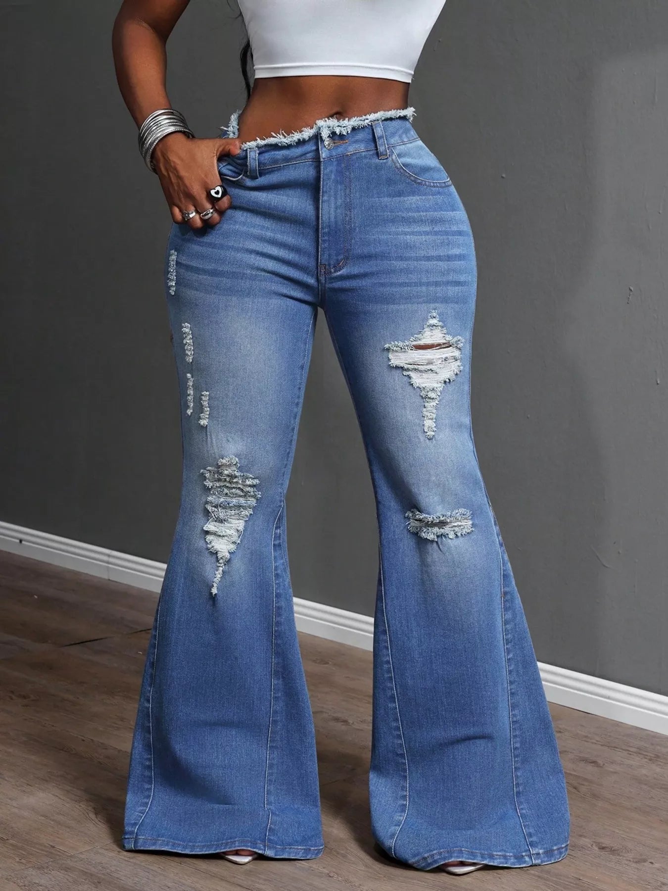High Waisted Distressed Flare Jeans - Merit Sell