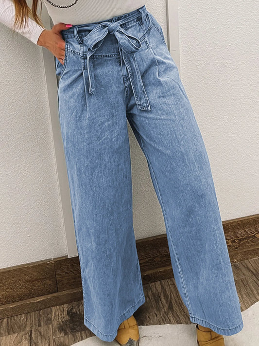 High Waisted Wide Leg Belted Jeans - Merit Sell