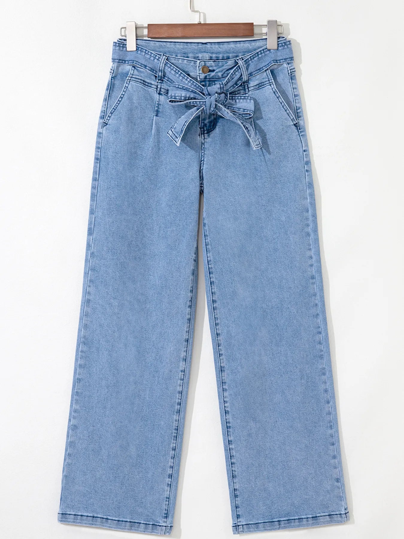 High Waisted Wide Leg Belted Jeans - Merit Sell