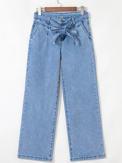High Waisted Wide Leg Belted Jeans - Merit Sell