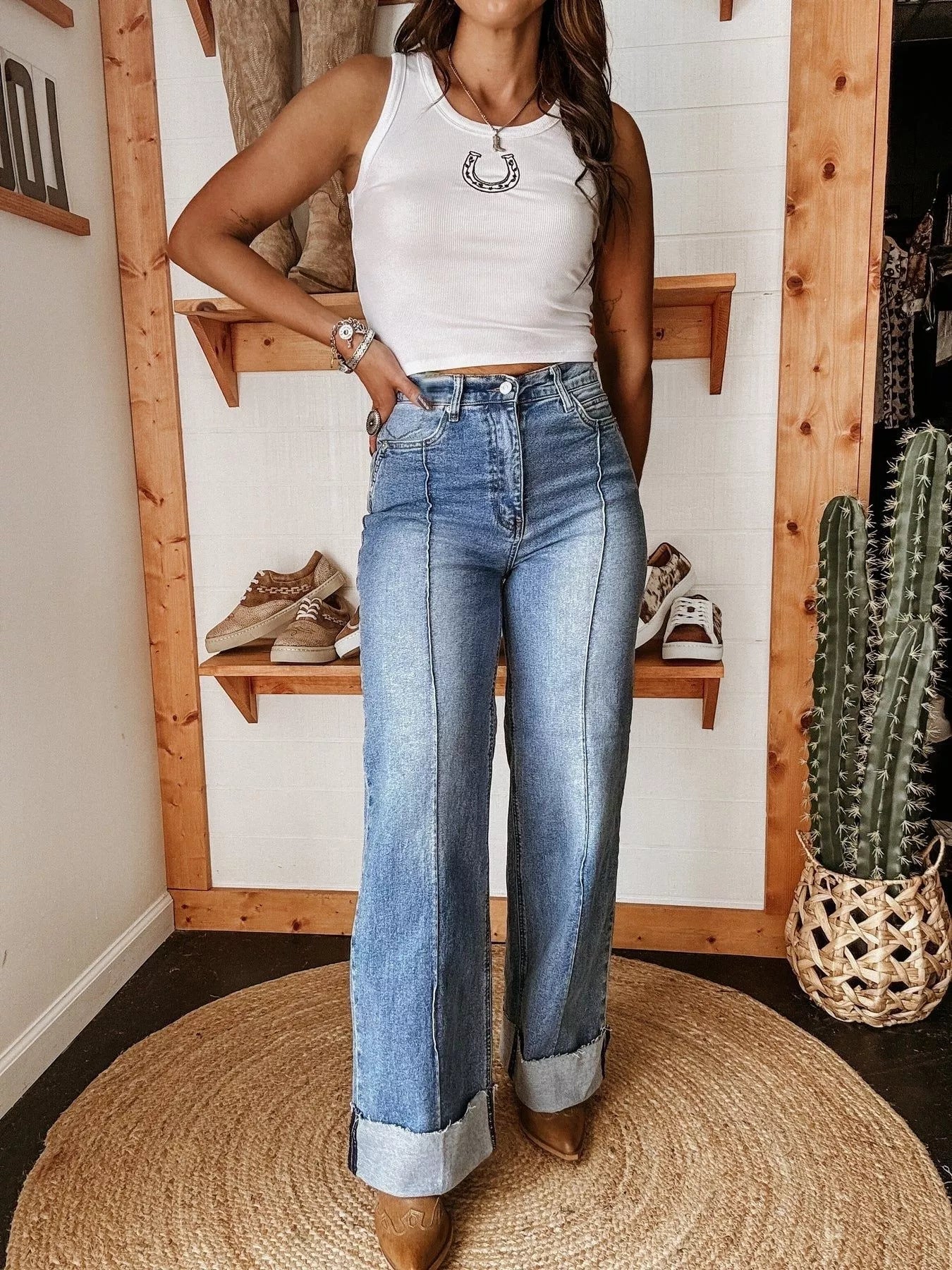 High-Waisted Wide Leg Cuffed Jeans - Merit Sell