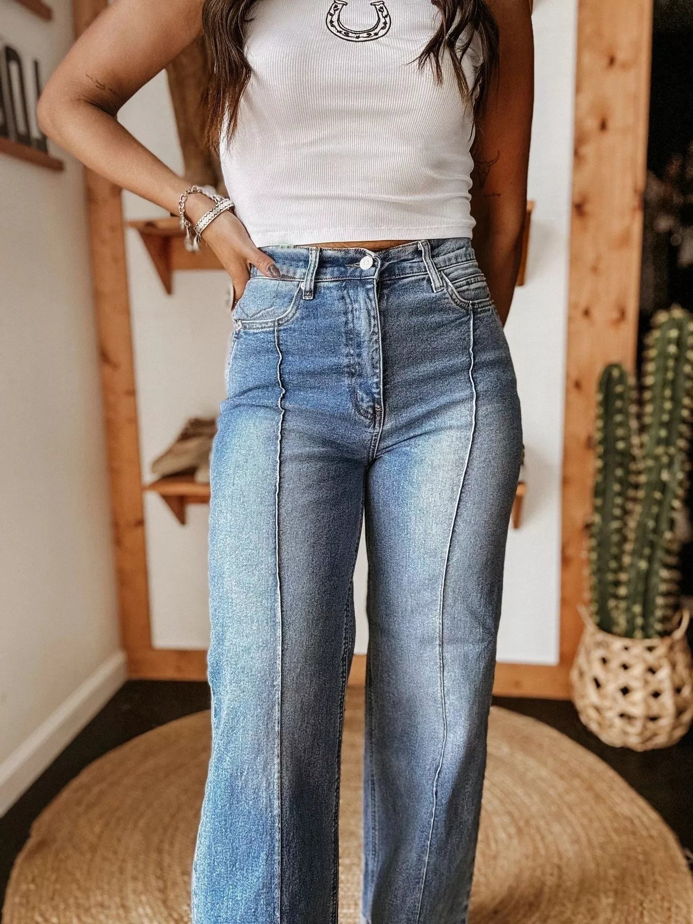 High-Waisted Wide Leg Cuffed Jeans - Merit Sell