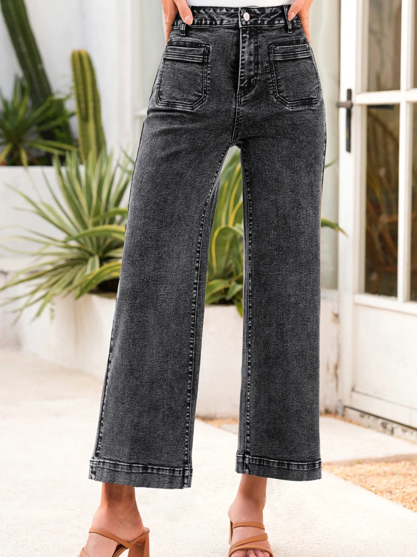 High-Waisted Wide Leg Washed Jeans - Merit Sell