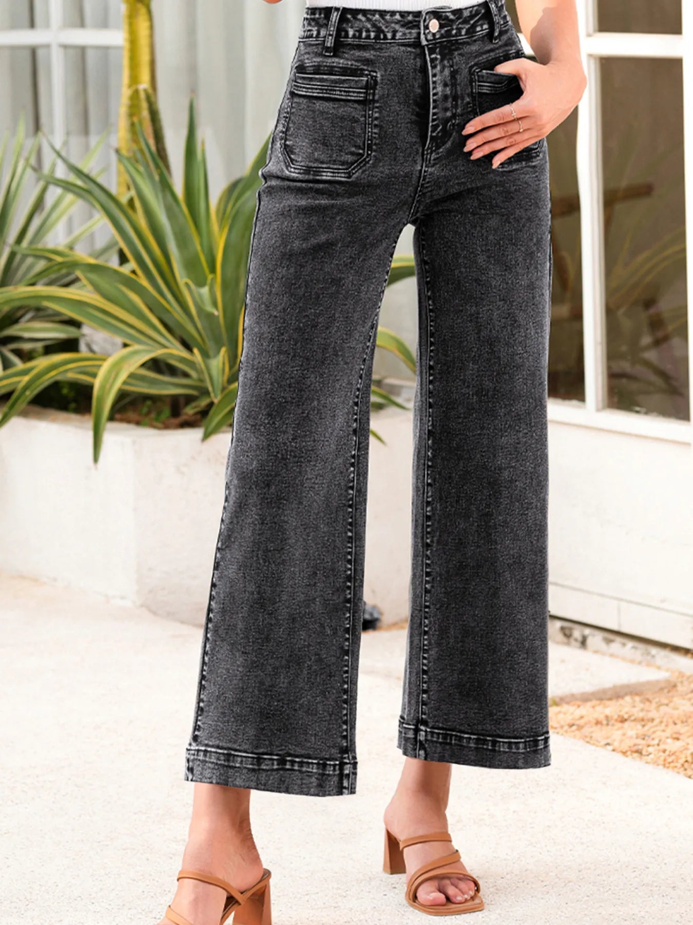 High-Waisted Wide Leg Washed Jeans - Merit Sell