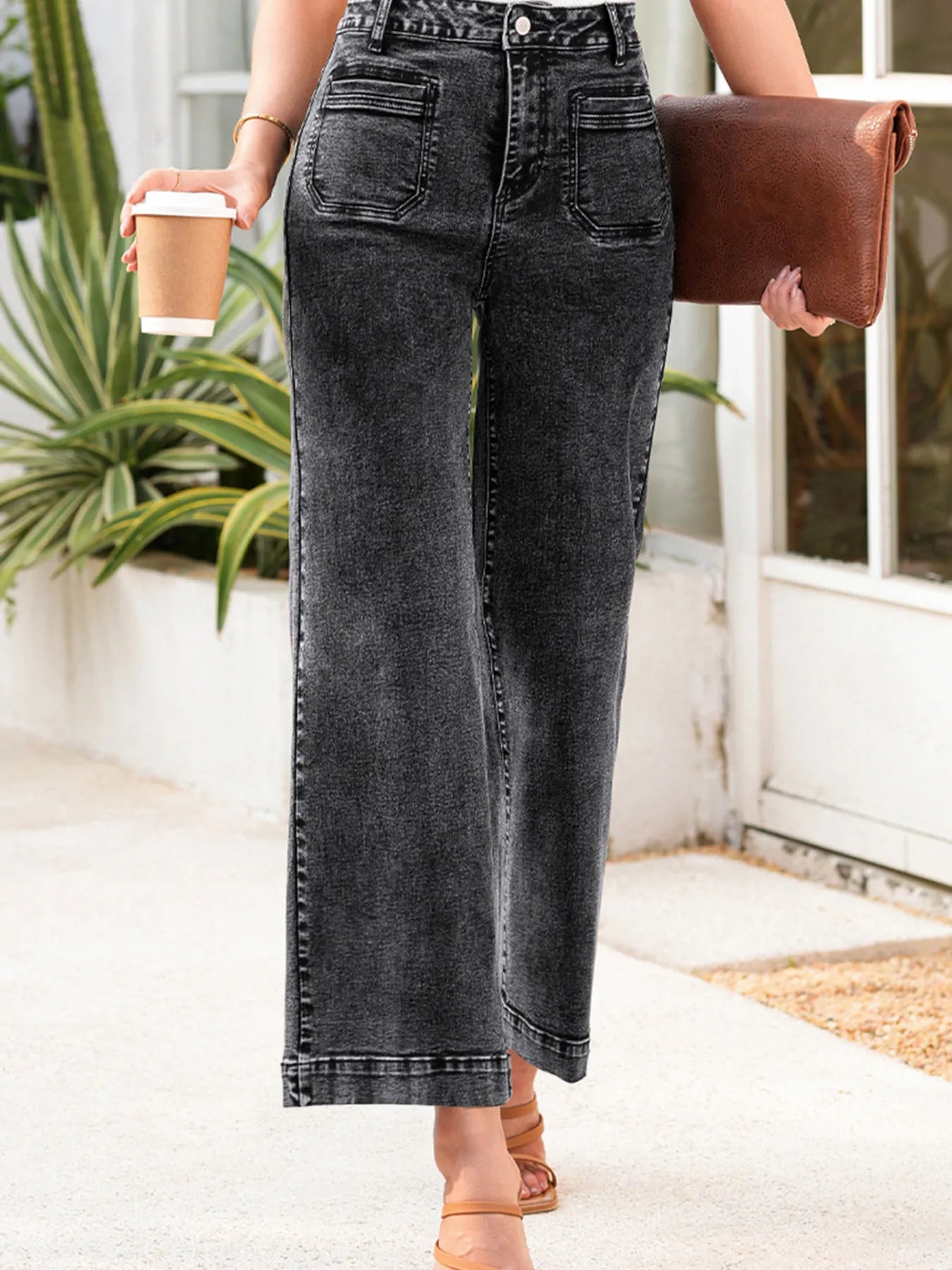 High-Waisted Wide Leg Washed Jeans - Merit Sell