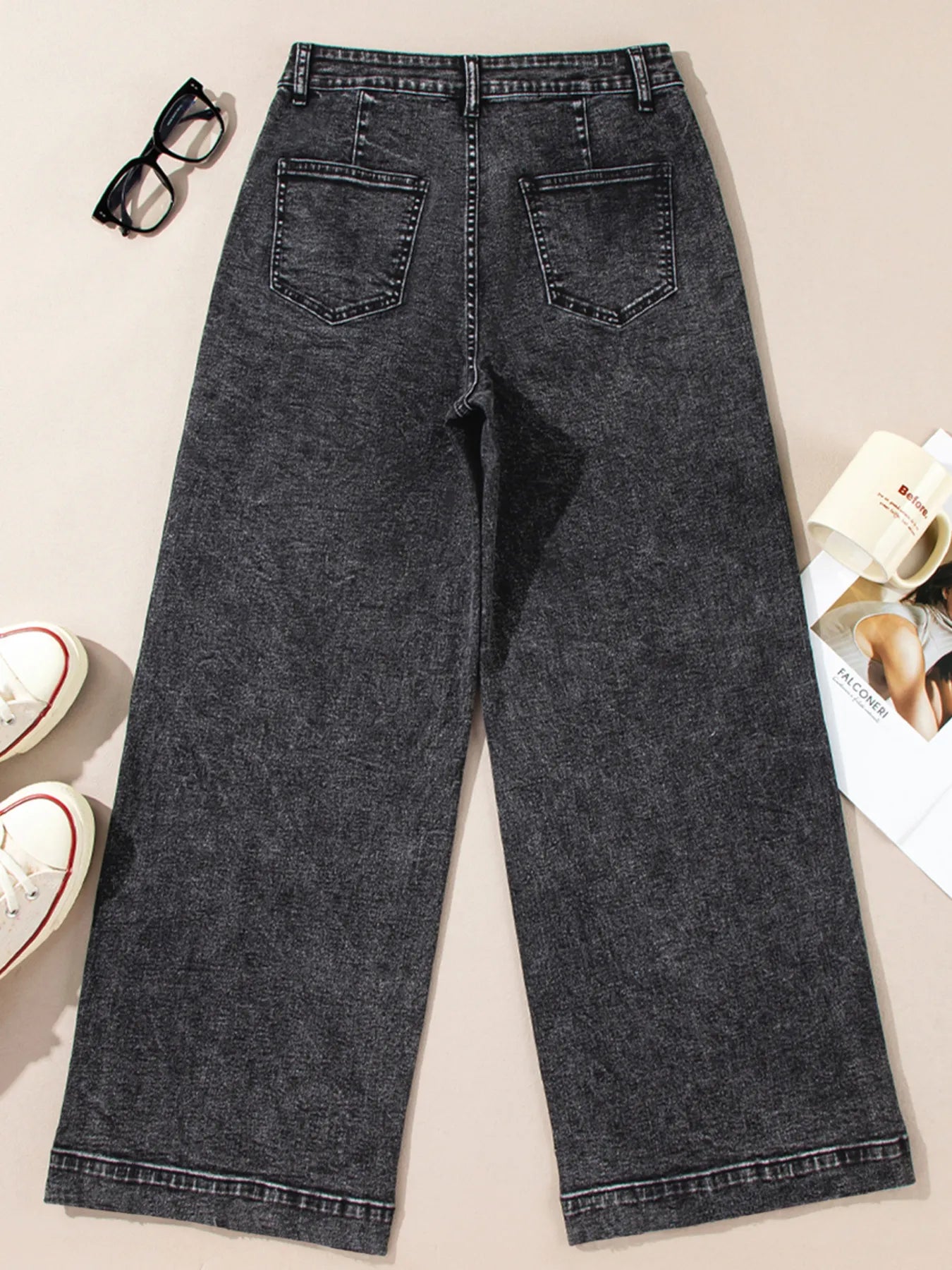 High-Waisted Wide Leg Washed Jeans - Merit Sell