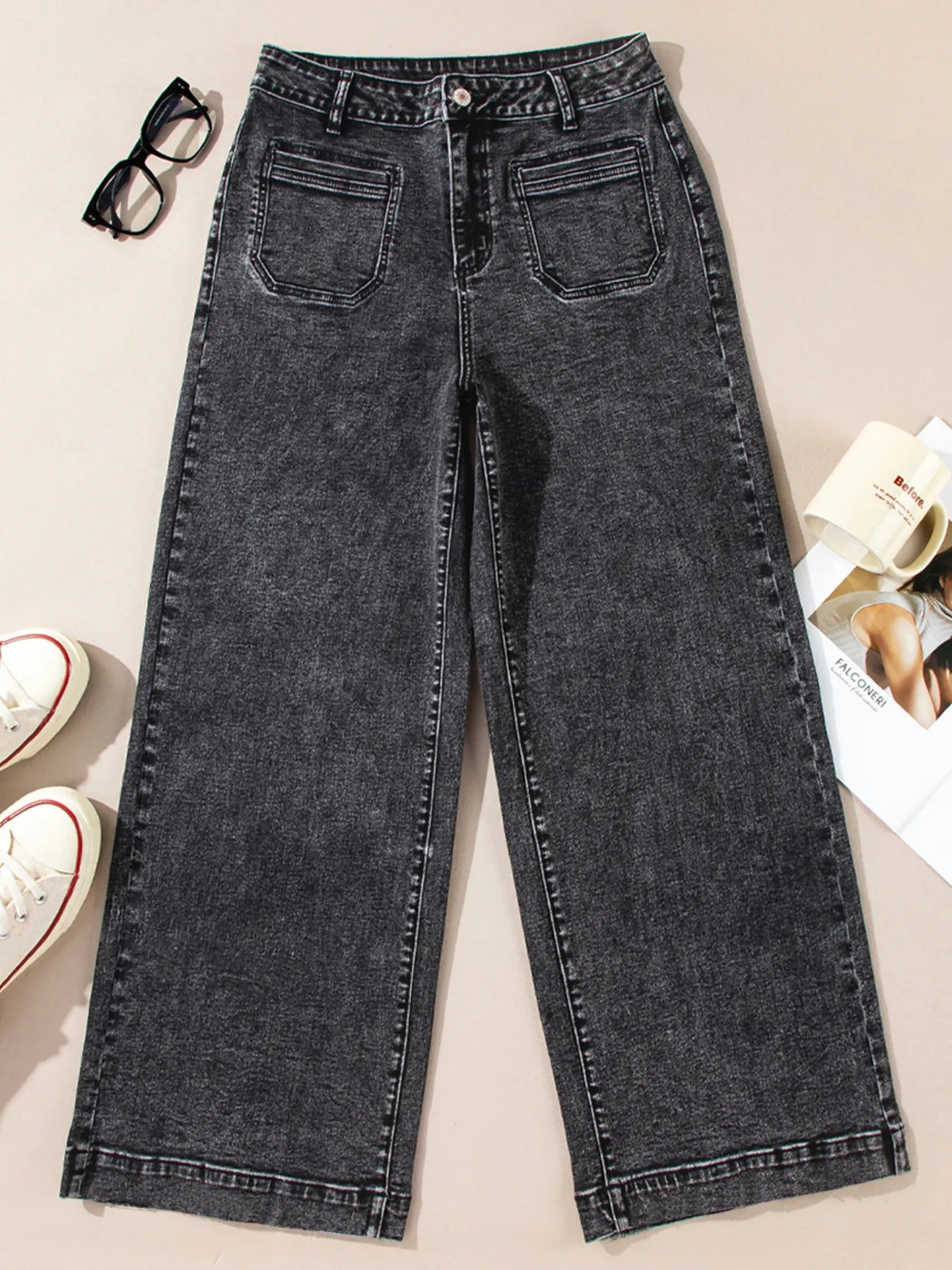 High-Waisted Wide Leg Washed Jeans - Merit Sell
