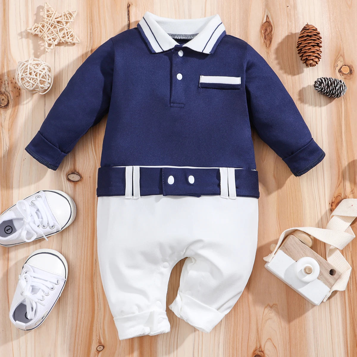 IURNXB Newborn Baby Boys Gentleman Clothes One Piece Polo Romper Formal Outfit Tuxedo Christmas Long Sleeve Jumpsuit Gifts 0-18M - Merit Sell