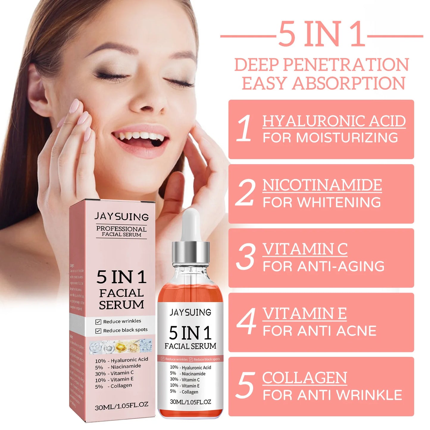 Jaysuing Hyaluronic Acid Face Serum 5 In 1 Moisturizing Whiten-ing Anti Wrink-le Agin-g Vitamin C Shrink Pores Serum Skin Care - Merit Sell