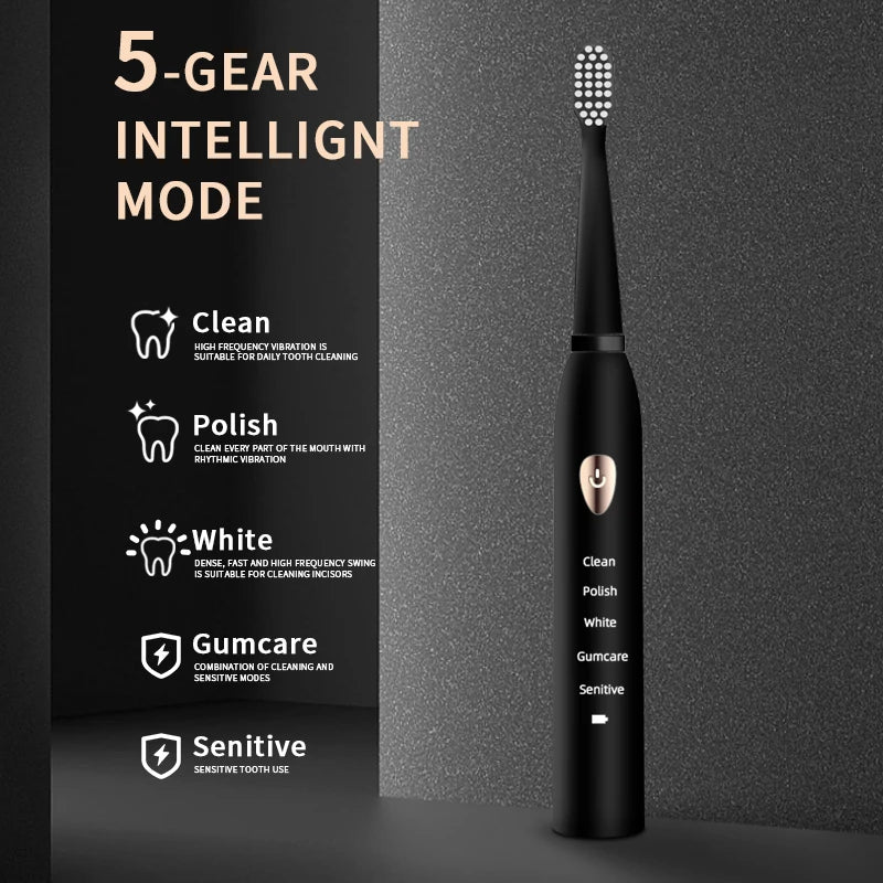 Jianpai Adult Black White Classic Acoustic Electric Toothbrush Adult 5-gear Mode USB Charging IPX7 Waterproof Acoustic Electric - Merit Sell