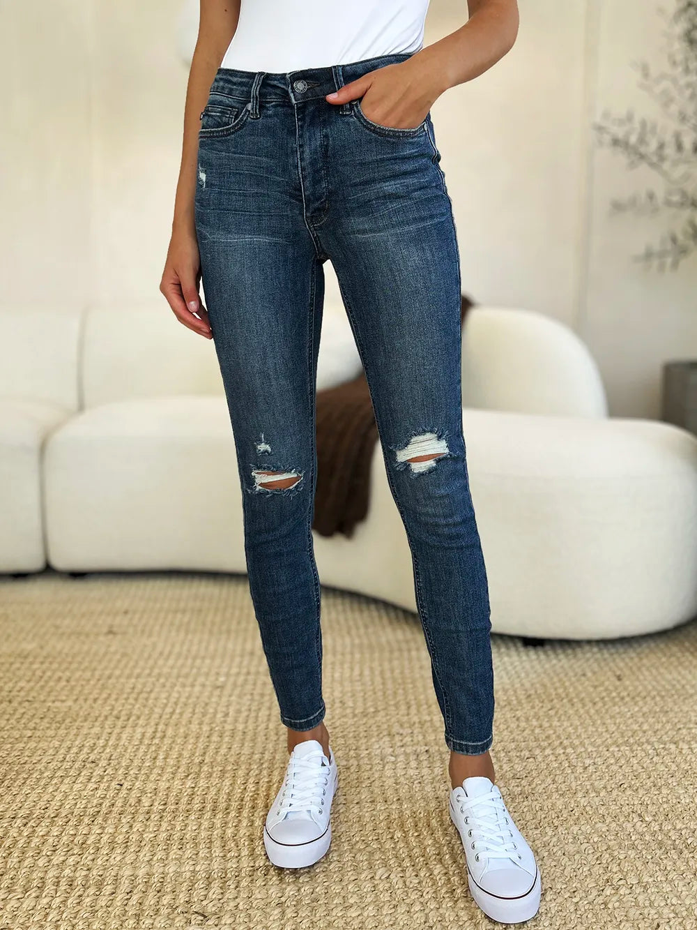 Judy Blue Full Size Mid Waist Distressed Slim Jeans - Merit Sell
