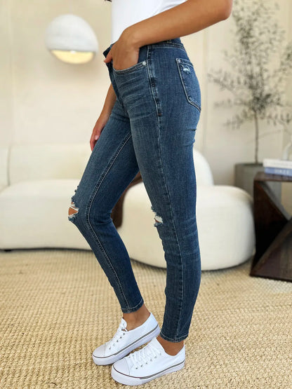 Judy Blue Full Size Mid Waist Distressed Slim Jeans - Merit Sell