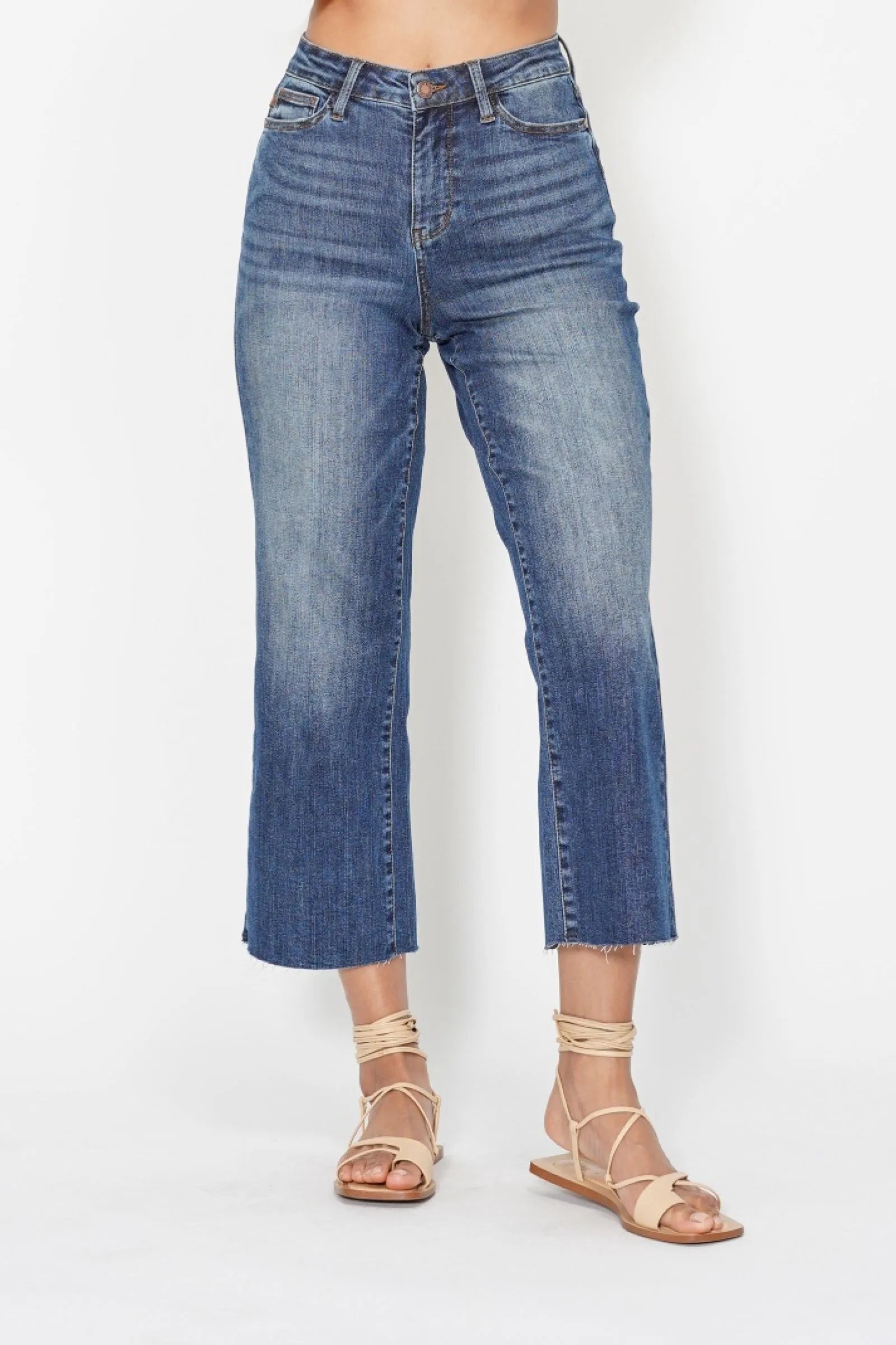 Judy Blue High Waist Back Pocket Embroidery Crop Wide Jeans - Merit Sell
