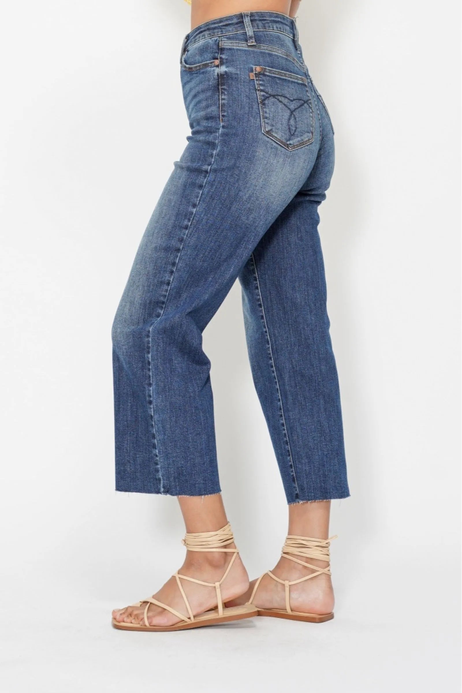 Judy Blue High Waist Back Pocket Embroidery Crop Wide Jeans - Merit Sell