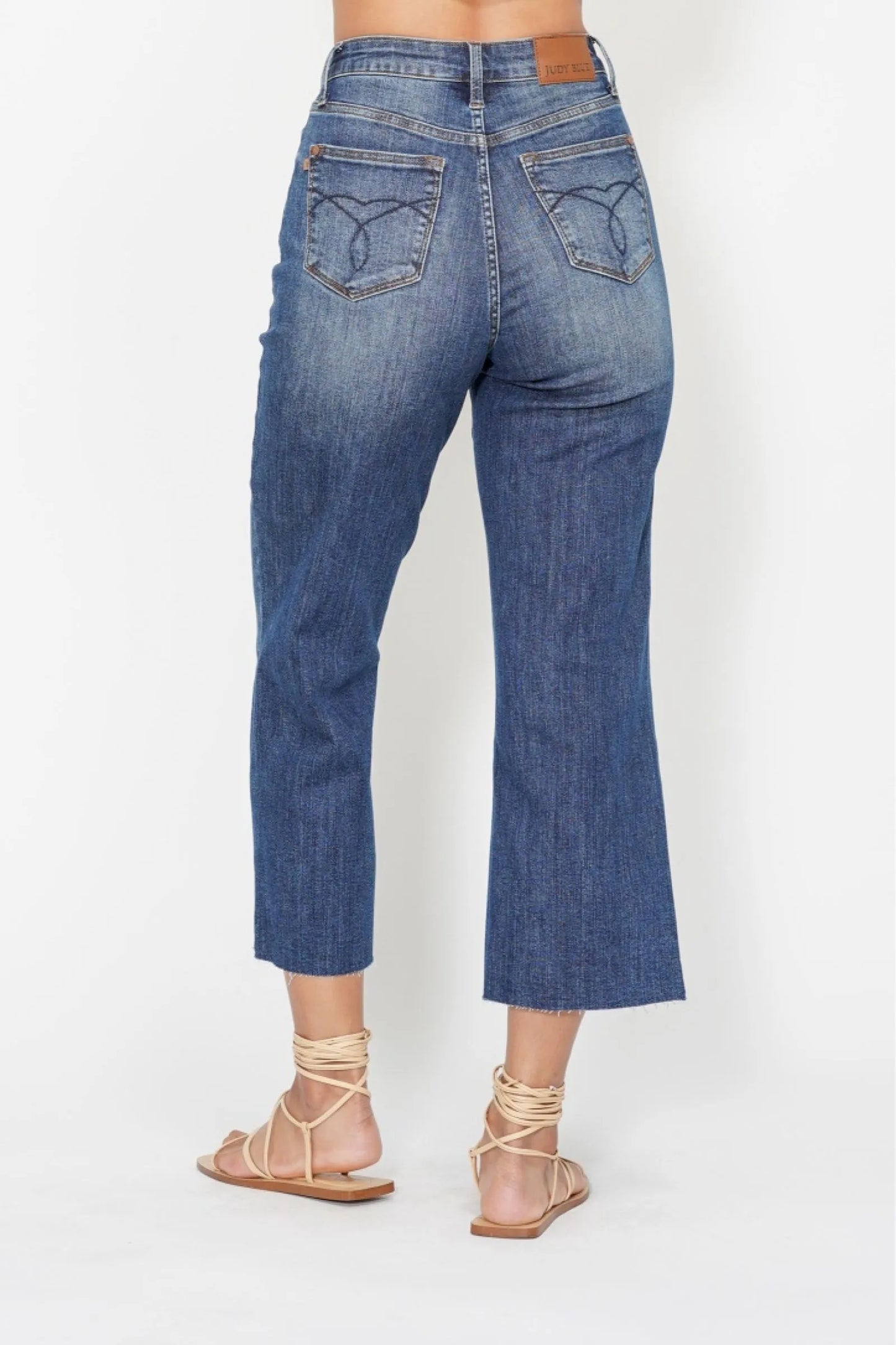 Judy Blue High Waist Back Pocket Embroidery Crop Wide Jeans - Merit Sell