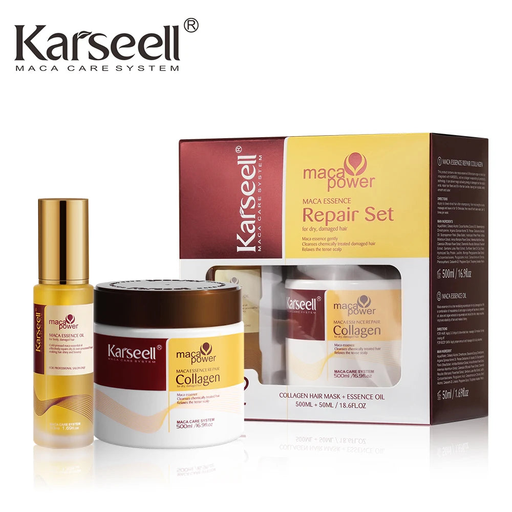 Karseell Collagen Hair Mask 500ml 16.9 fl.oz + Argan Oil Hair Serum 50ml 1.69 fl.oz for Dry Damaged Hair All Hair Types - Merit Sell