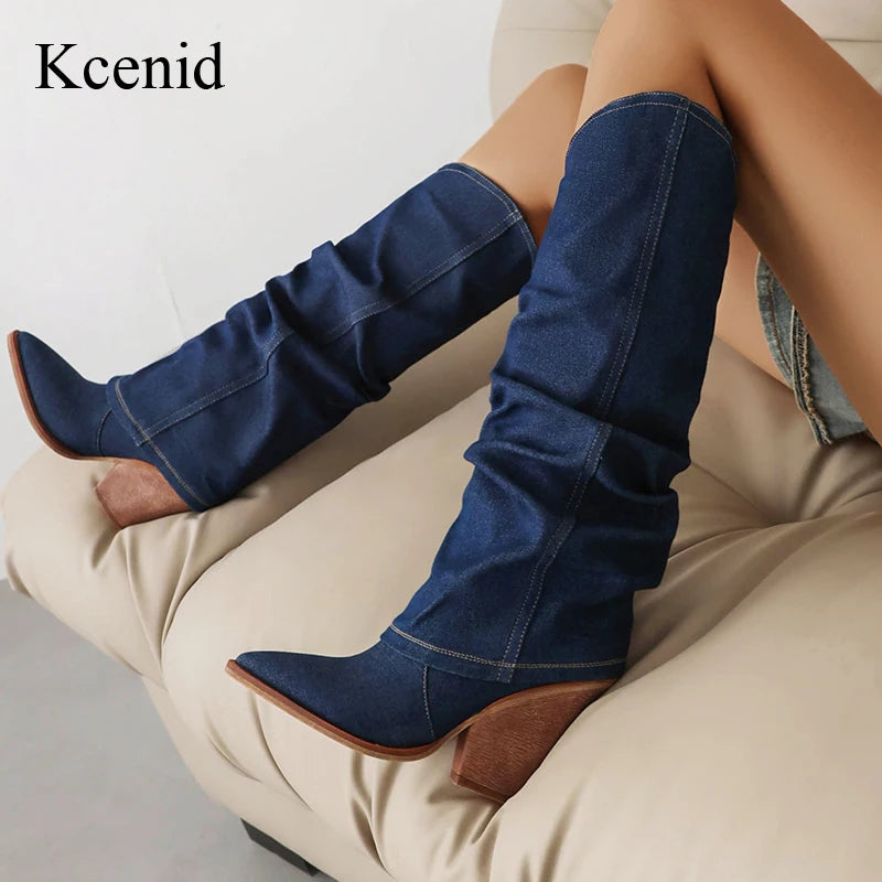 Kcenid Women Denim Knee High Boots Pointed Toe Slip-on Women High Heels Long Boots Sexy Pleated Solid Party Shoes Woman - Merit Sell