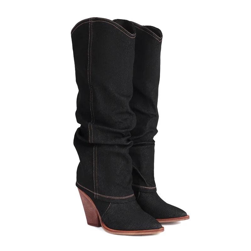 Kcenid Women Denim Knee High Boots Pointed Toe Slip-on Women High Heels Long Boots Sexy Pleated Solid Party Shoes Woman - Merit Sell