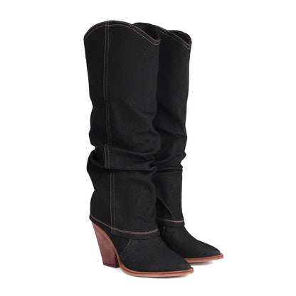 Kcenid Women Denim Knee High Boots Pointed Toe Slip-on Women High Heels Long Boots Sexy Pleated Solid Party Shoes Woman - Merit Sell