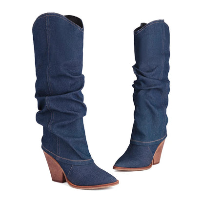 Kcenid Women Denim Knee High Boots Pointed Toe Slip-on Women High Heels Long Boots Sexy Pleated Solid Party Shoes Woman - Merit Sell