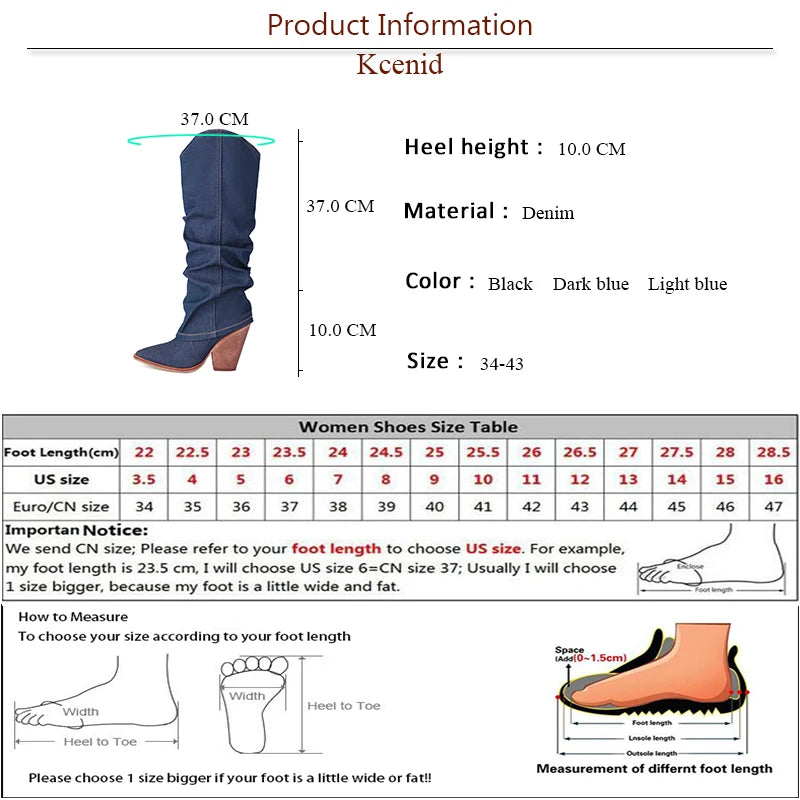 Kcenid Women Denim Knee High Boots Pointed Toe Slip-on Women High Heels Long Boots Sexy Pleated Solid Party Shoes Woman - Merit Sell