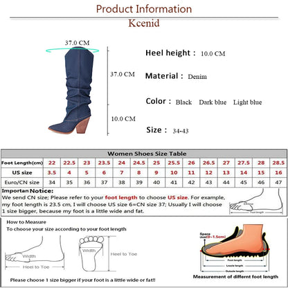 Kcenid Women Denim Knee High Boots Pointed Toe Slip-on Women High Heels Long Boots Sexy Pleated Solid Party Shoes Woman - Merit Sell