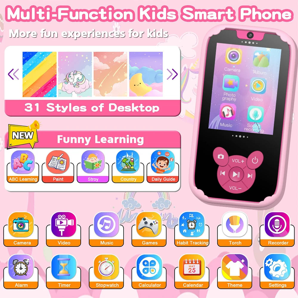 Kids Smart Phone Educational Toys Dual Camera Music Player Baby Phone With 8G Memro Game Learning for Age 3-12 Brithday Gifts - Merit Sell