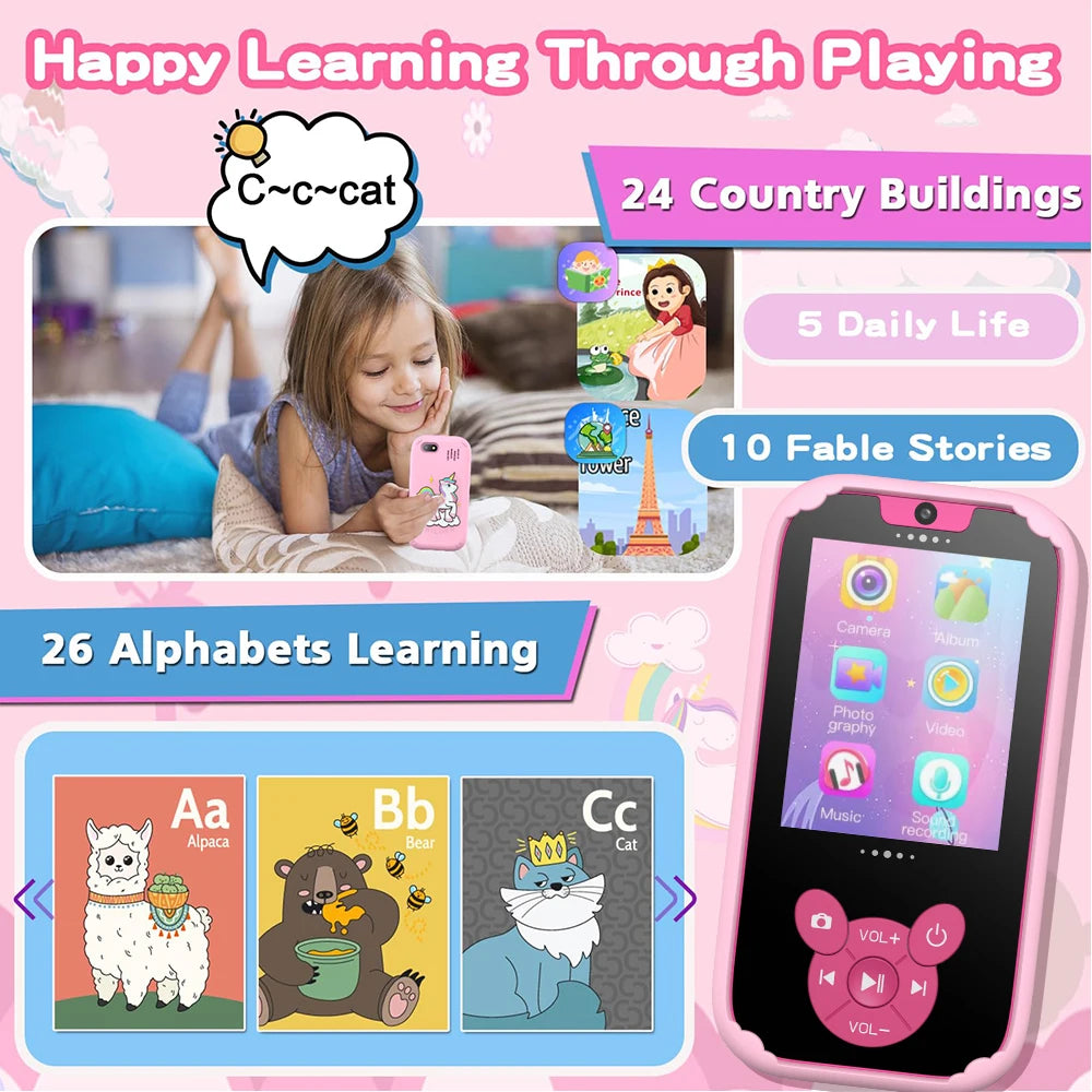 Kids Smart Phone Educational Toys Dual Camera Music Player Baby Phone With 8G Memro Game Learning for Age 3-12 Brithday Gifts - Merit Sell