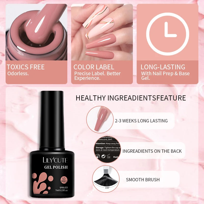 LILYCUTE 6Pcs/Set 7ML Gel DIY Nail Polish Bright Pink Semi Permanent Soak Off UV LED Gel Varnish Nail Art Design Manicure Kit - Merit Sell