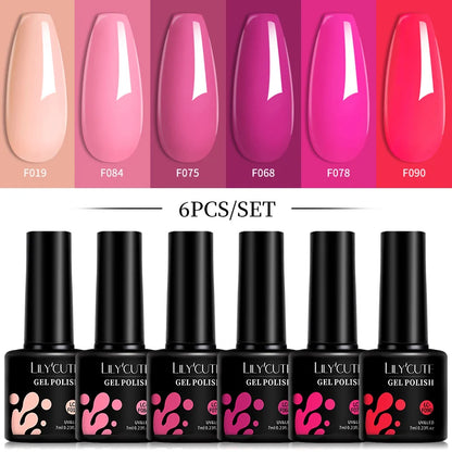 LILYCUTE 6Pcs/Set 7ML Gel DIY Nail Polish Bright Pink Semi Permanent Soak Off UV LED Gel Varnish Nail Art Design Manicure Kit - Merit Sell