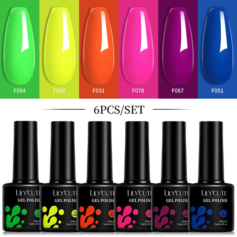 LILYCUTE 6Pcs/Set 7ML Gel DIY Nail Polish Bright Pink Semi Permanent Soak Off UV LED Gel Varnish Nail Art Design Manicure Kit - Merit Sell