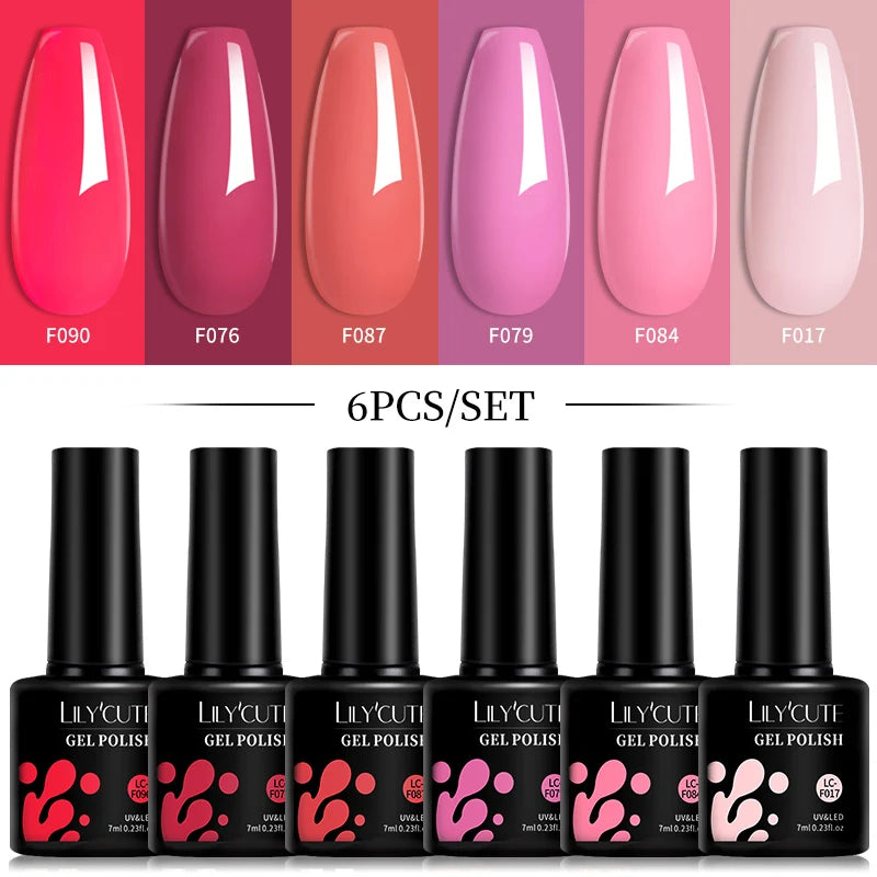 LILYCUTE 6Pcs/Set 7ML Gel DIY Nail Polish Bright Pink Semi Permanent Soak Off UV LED Gel Varnish Nail Art Design Manicure Kit - Merit Sell