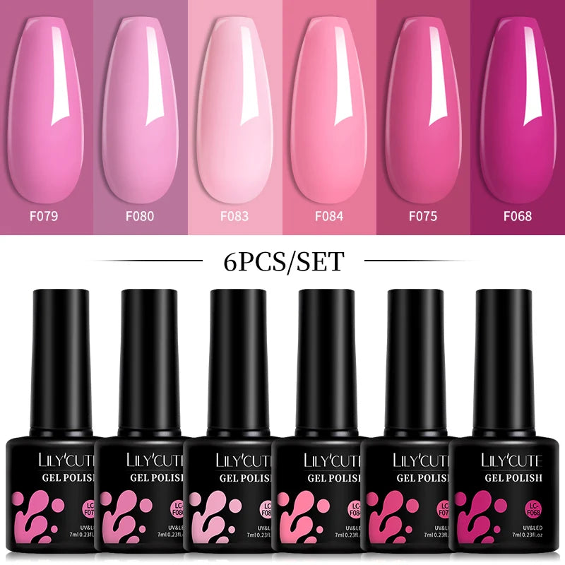 LILYCUTE 6Pcs/Set 7ML Gel DIY Nail Polish Bright Pink Semi Permanent Soak Off UV LED Gel Varnish Nail Art Design Manicure Kit - Merit Sell