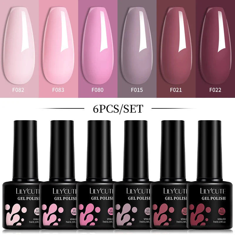 LILYCUTE 6Pcs/Set 7ML Gel DIY Nail Polish Bright Pink Semi Permanent Soak Off UV LED Gel Varnish Nail Art Design Manicure Kit - Merit Sell