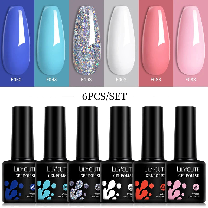 LILYCUTE 6Pcs/Set 7ML Gel DIY Nail Polish Bright Pink Semi Permanent Soak Off UV LED Gel Varnish Nail Art Design Manicure Kit - Merit Sell