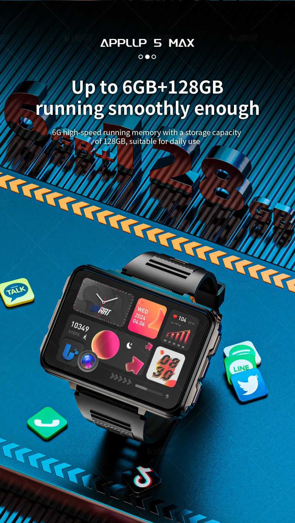 LOKMAT APPLLP 5 MAX Android Watch Phone Square Big Screen Wifi 4G Calls Smartwatches Dual Camera with Flashlight Gaming Watch - Merit Sell