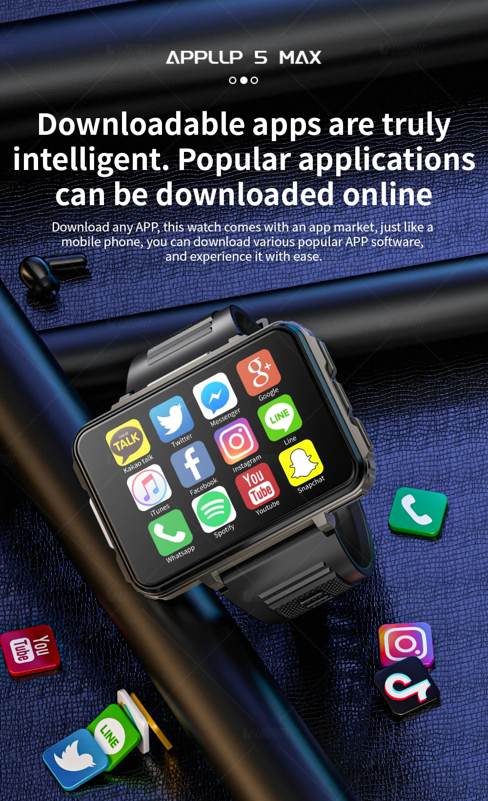 LOKMAT APPLLP 5 MAX Android Watch Phone Square Big Screen Wifi 4G Calls Smartwatches Dual Camera with Flashlight Gaming Watch - Merit Sell